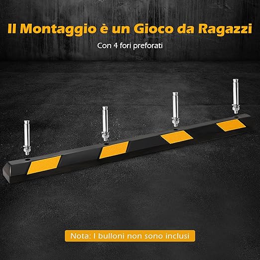 Fermaruote in Gomma per Parcheggi e Garage, Ferma Ruote con Strisce Riflettenti Gialle Capacità di Carico di 4 Ton, Barriera Parcheggio per Auto e Camion 183 x 15 x 10 cm, Nero e Giallo
