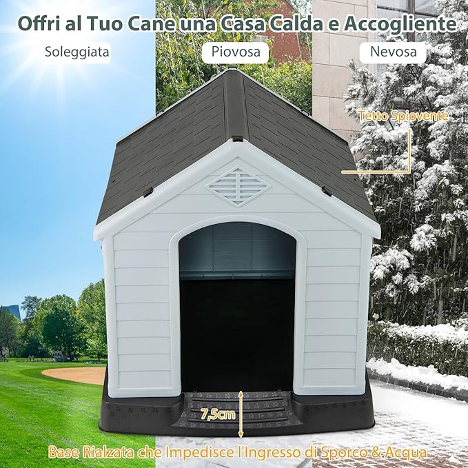 Cuccia per Cani da Esterno ed Interno, Cassetta Impermeabile e Ventilata con Valvole d’Aria e Pavimento Rialzato, per Cani di Piccola e Media Taglia (Grigio, 70 x 65 x 71,5 cm)