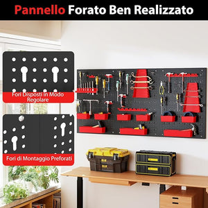 Pannello Forato da Muro, Organizzatore con 9 Contenitori, Supporti per Martelli, Portautensili e Ganci, Ideale per Garage e Officina (Rosso)