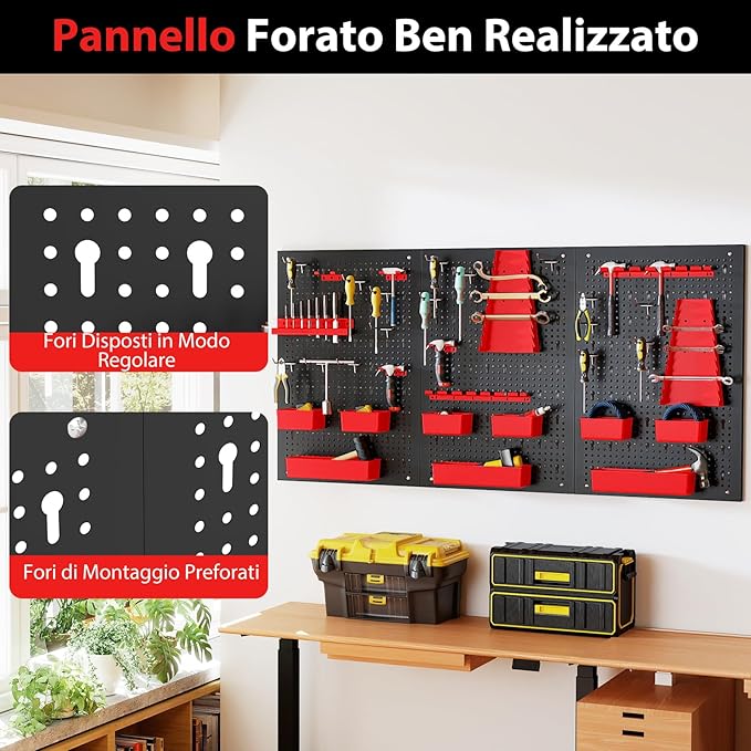 Pannello Forato da Muro, Organizzatore con 9 Contenitori, Supporti per Martelli, Portautensili e Ganci, Ideale per Garage e Officina (Rosso)