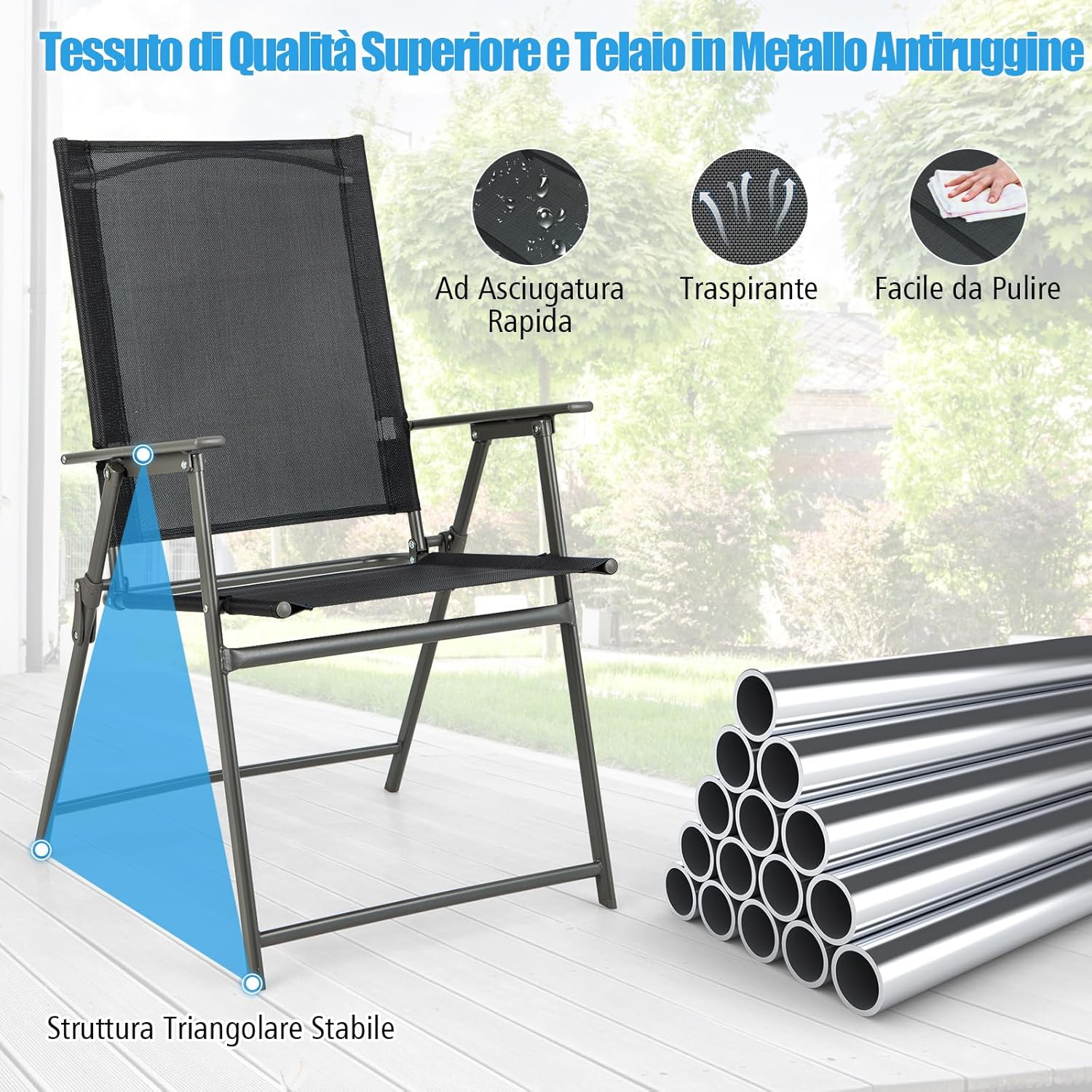 Set di 2/4 Sedie Pieghevoli da Giardino in Textilene, Sedie da Esterno con Schienale Alto, Poltrona Portatile per Giardino Campeggio Patio, Portata 150 kg (2, Nero, 62 x 58 x 96 cm)