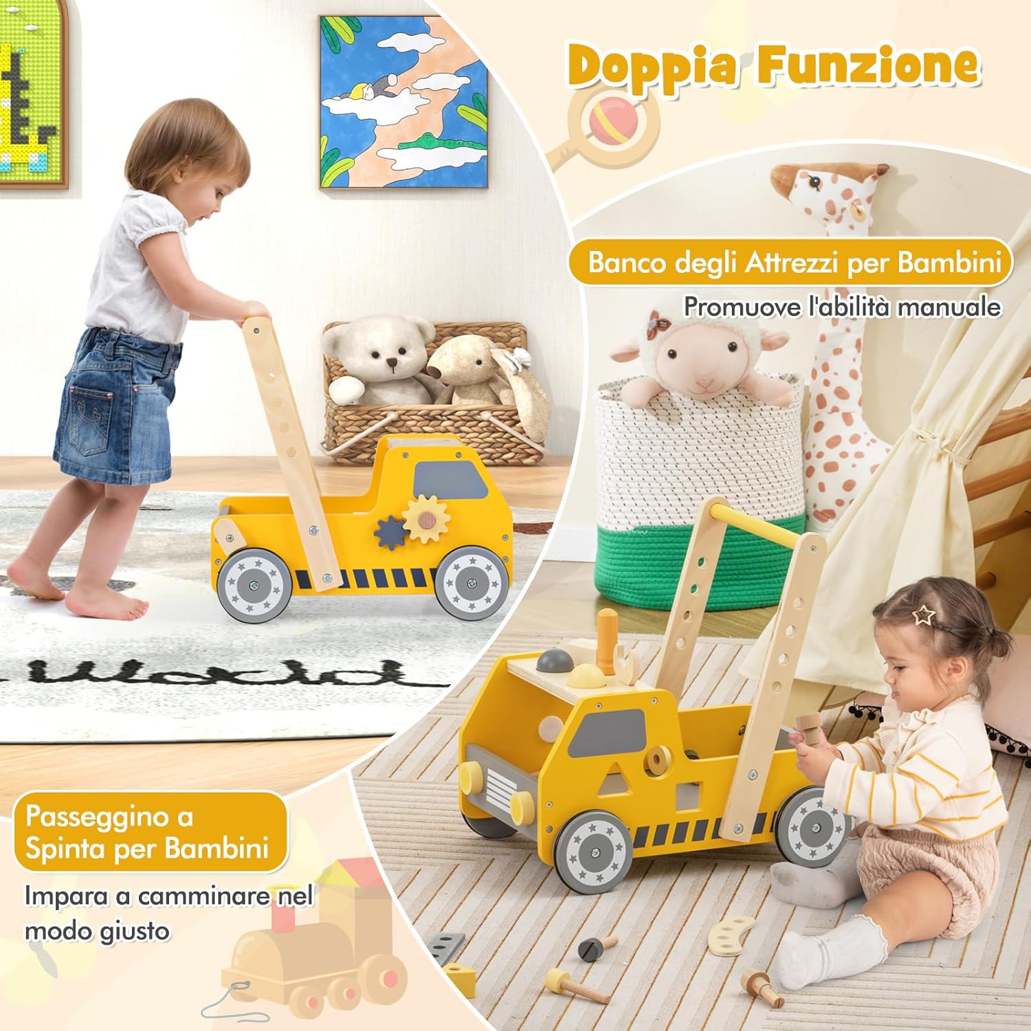 2-in-1 Carrello da Spinta in Legno, Girello per Bambini con Attrezzi Regolabili, Primi Passi con Banco da Lavoro, con Giocattoli Montessori,Velocità Regolabile, per Bambini 3+ Anni