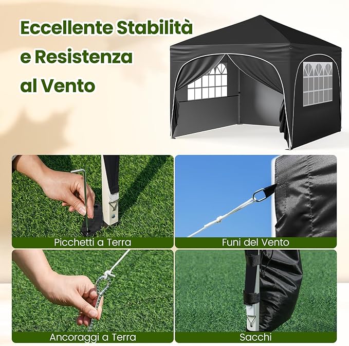 Gazebo Piehevole da Esterno 3 x 3 m, Gazebo Regolabile in Altezza con Pareti Rimovibili, Borsa con Ruote, Picchetti, Ancoraggi, Corde Vento e Sacchi di Sabbia, Tendone per Giardino (Nero)