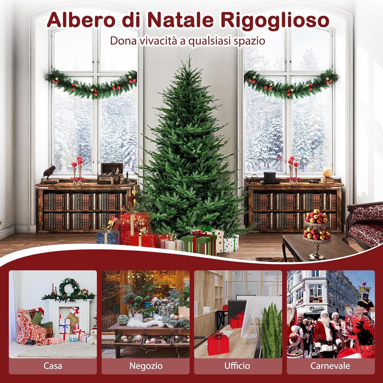 Albero di Natale 136/183/213 cm, Albero di Natale Artificiale Pre-Illuminato con 386/788/1130 Rami in PE e PVC, 180/280/380 Luci a LED Bianco Caldo e 8 Modalità di Illuminazione (183 cm)