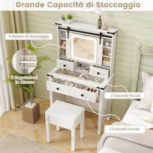 Toeletta da Trucco con Luci LED a 3 Colori Luminosit¨¤ Regolabile, Tavolo da Trucco con Specchio Scorrevole e Piano di Vetro, Postazione Trucco con 4 Cassetti e Ripiani Regolabili, Bianco