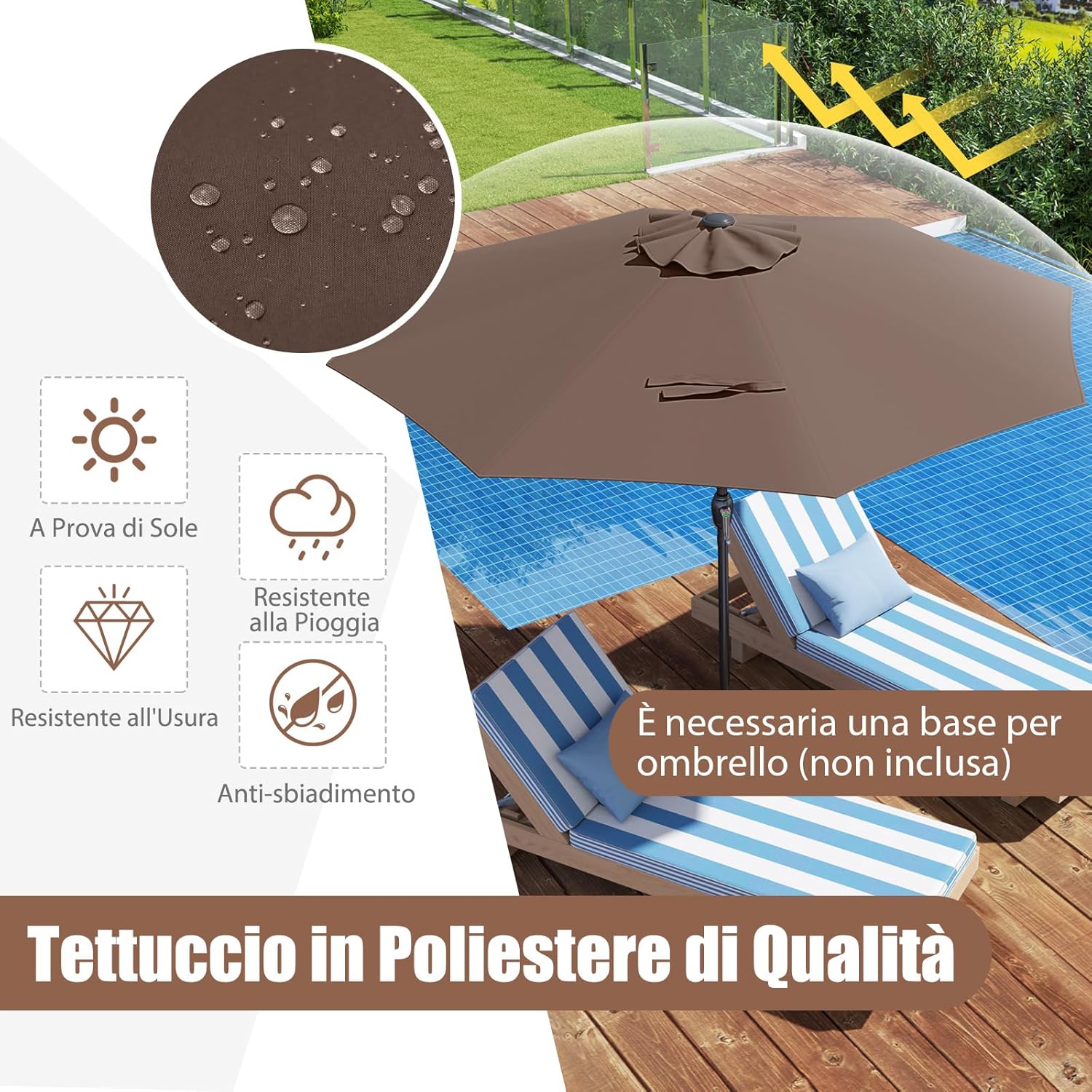 Ombrellone da Giardino da 260/360 cm, Ombrellone Parasole con Manovella, Ombrellone da Spiaggia con 8 Stecche, per Cortile Piscina Giardino (Caffè,260 cm)