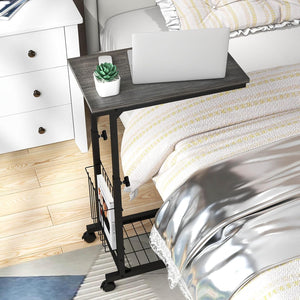 Tavolino da Salotto Moderno, Tavolino Basso Regolabile in Altezza con Ruote e Cestino Portaoggetti, Tavolino Porta PC a Forma di C da Divano e Letto per Soggiorno e Camera da Letto (Grigio)