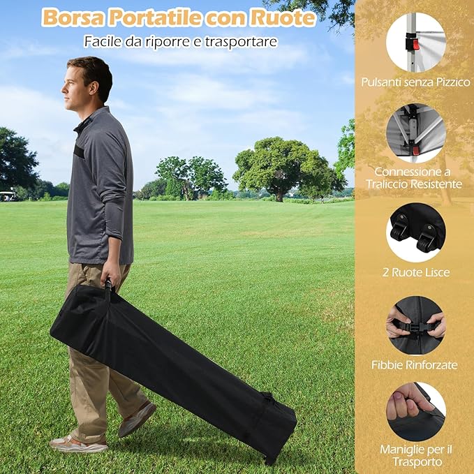 Gazebo Pieghevole 3 x 3 m da Esterno Impermeabile, Gazebo da Esterno con Borsa da Trasporto con Ruote, Tenda Pop-up Regolabile in Altezza per Giardino, Spiaggia, Feste e Barbecue (Bianco)