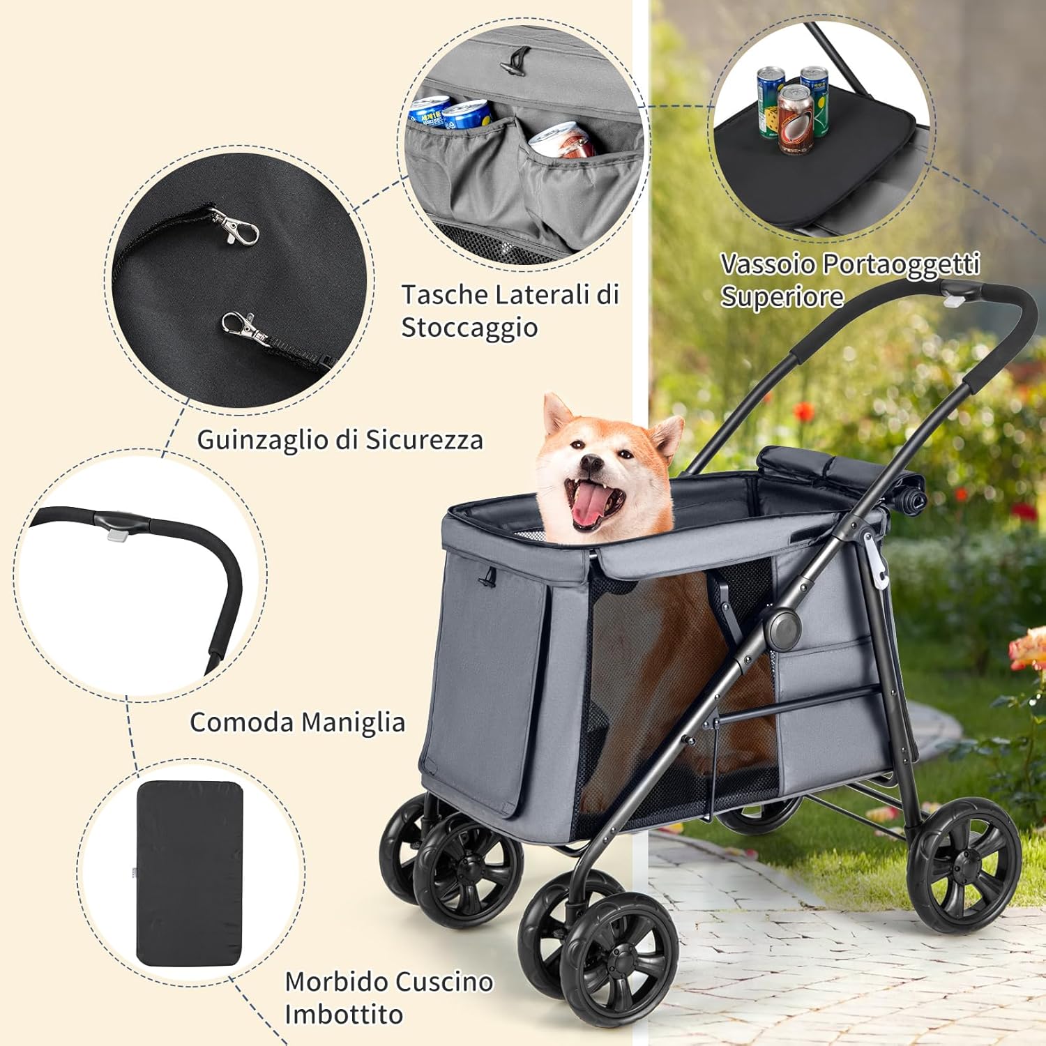 Passeggino per Cani Pieghevole, Carrello a 4 Ruote per Animali Domestici Piccoli e Medi, Trasportino Portatile con Ruote, Lucernario e Tasche, Chiusura Rapida (Grigio)