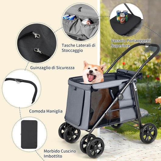 Passeggino per Cani Pieghevole, Carrello a 4 Ruote per Animali Domestici Piccoli e Medi, Trasportino Portatile con Ruote, Lucernario e Tasche, Chiusura Rapida (Grigio)