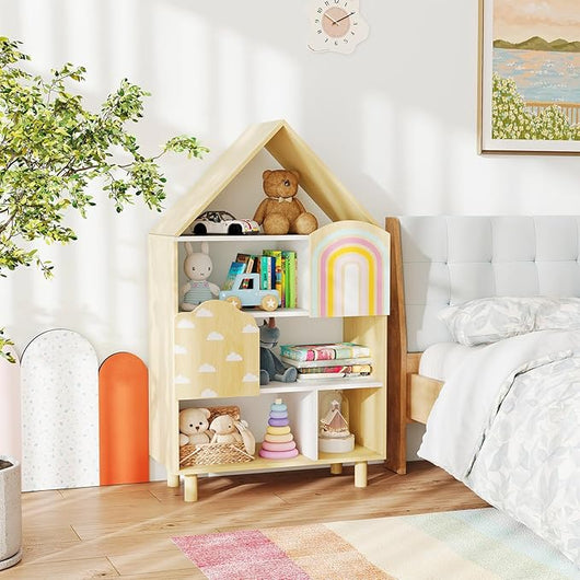 Scaffale per Bambini a Forma di Casa, Libreria Multiusa con 2 Ante, Sistema Anti-ribaltamento e Gambe in Legno per Sala Giochi Asilo Camera da Letto, 60 x 30 x 103 cm