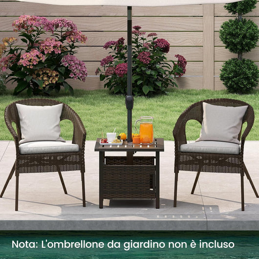 Tavolino da Esterno con Foro per Ombrellone da 4,9 cm, Tavolo da Patio in Rattan PE, Tavolino Laterale per Giardino, Terrazza e Bordo Piscina, Portata 120 kg
