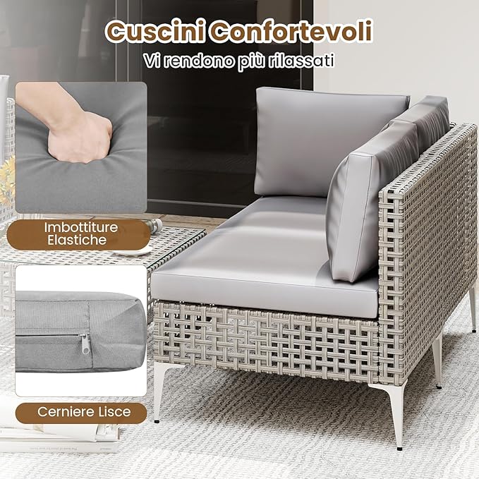 Set di Mobili da Esterno 5 Pezzi, Set da Conversazione in Rattan con Cuscini e Tavolino in Vetro Temperato, Tavolino e 4 Divani per Cortile, Bordo Piscina e Veranda (Modello 4,5 pezzi)