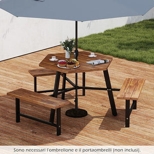 Set Tavolo con 3 Panche in Legno di Acaccia, con Foro per Ombrellone, Tavolo da Campeggio con Telaio in Metallo, Set Mobile da Picnic per Cortile Patio