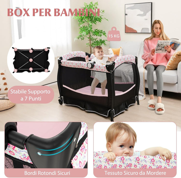 4 in 1 Lettino da Campeggio con Fasciatoio, Lettino Pieghevole per Bambini con Materasso, Centro Neonati con Culla, Box Musicale, Cappottina Regolabile, Borsa da Viaggio (Fiore Grande)