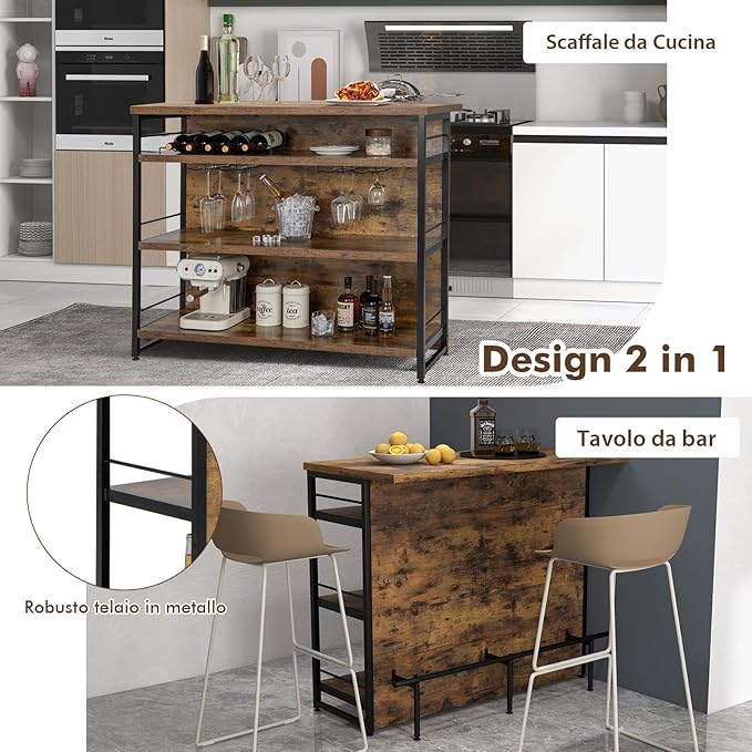 Isola per Cucina con Ampio Piano di Lavoro, Mobile da Cucina con 3 Ripiani Aperti, Poggiapiedi e Piedini Regolabili, Struttura in Metallo, per Cucina, Soggiorno, 120 x 60 x 101cm (Marrone)