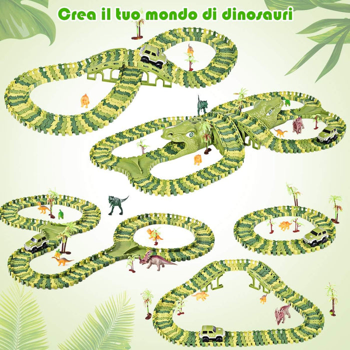 Pista con 261 Pezzi e Macchinina, Macchinina Elettrica e Dinosauri, Set con Pista per Macchinine per Bambini, Dinosauro 3+ Anni