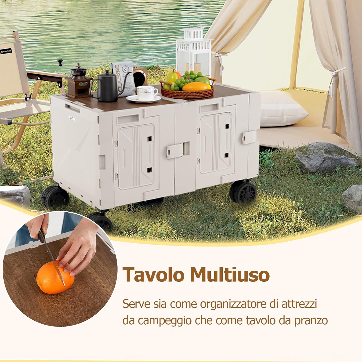 Carrello da Spiaggia Pieghevole 150 L, Carrello con Ruote Portatutto con Armadio a 2 Livelli e Manico Telescopico in Metallo, Carretto Giardino Portatile per Campeggio, Portata 120 kg (Bianco)