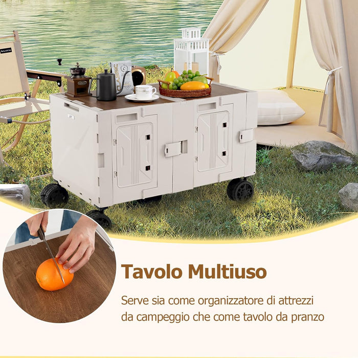 Carrello da Spiaggia Pieghevole 150 L, Carrello con Ruote Portatutto con Armadio a 2 Livelli e Manico Telescopico in Metallo, Carretto Giardino Portatile per Campeggio, Portata 120 kg (Bianco)