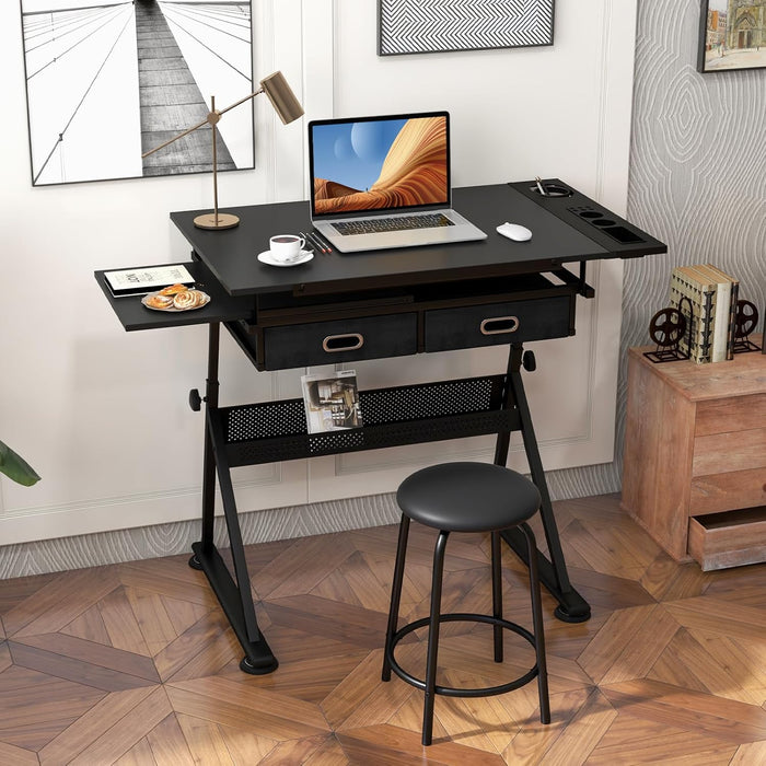 Tavolo da Disegno Scrivania per Arte con Cassetti e Sgabello, Regolabile in Altezza ed inclinabile (nero)