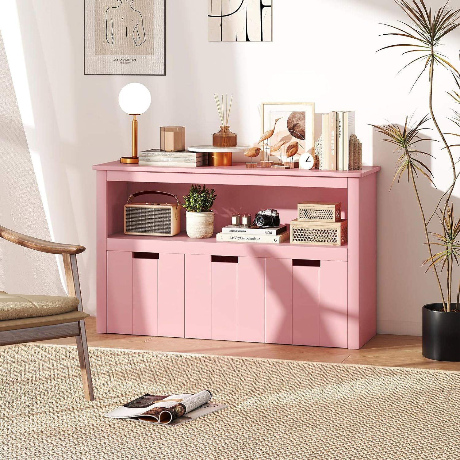 Armadio con 3 Cassetti, Scaffale di Legno con Ruote e Cubi per Giocattoli dei Bambini, Ampio Spazio, Organizer Durevole per Salone Camera da letto Camera dei bambini (Rosa)