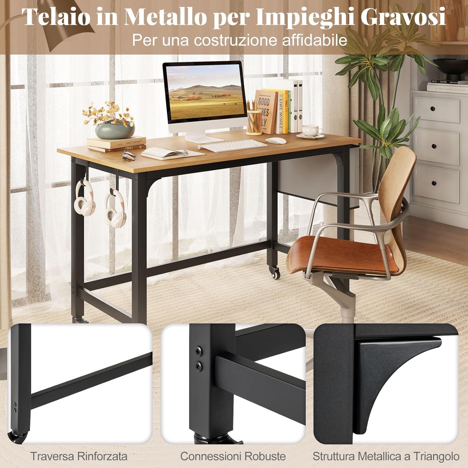 Scrivania per Ufficio e Casa, Scriviania con Ampio Piano e 4 Ruote Bloccabili, Scriviania per Computer di Metallo e Legno, 120 x 60 x 75 cm (Naturale)