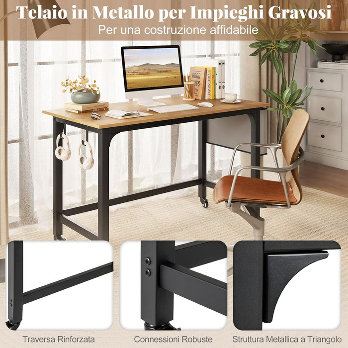 Scrivania per Ufficio e Casa, Scriviania con Ampio Piano e 4 Ruote Bloccabili, Scriviania per Computer di Metallo e Legno, 120 x 60 x 75 cm (Naturale)