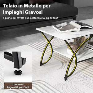 Tavolino da Caffè da Salotto, Tavolino Rettangolare a 2 Livelli con Struttura in Metallo, Tavolino Elegante e Moderno per Studio, Ufficio e Soggiorno, 100 x 50 x 45 cm (bianco e nero)