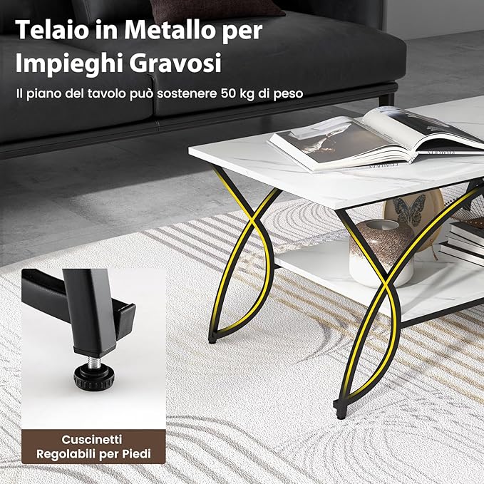 Tavolino da Caffè da Salotto, Tavolino Rettangolare a 2 Livelli con Struttura in Metallo, Tavolino Elegante e Moderno per Studio, Ufficio e Soggiorno, 100 x 50 x 45 cm (bianco e nero)