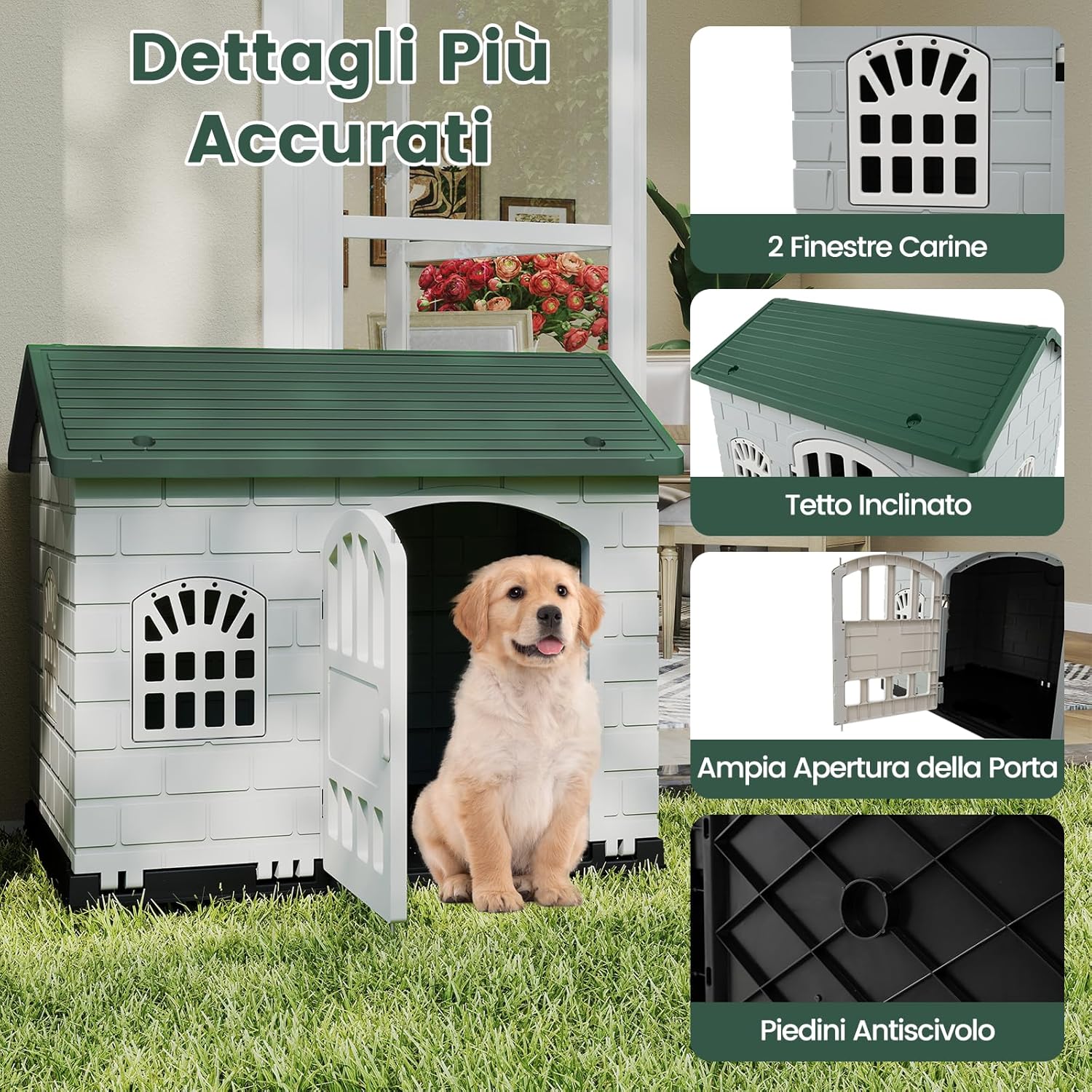 Cuccia per Cani da Esterno ed Interno, Cassetta per Cani con Porta Bloccabile, 3 Finestre e Tetto Inclinato, Cucce per Cagnolino in Plastica Impermeabile (Verde)