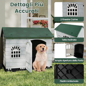 Cuccia per Cani da Esterno ed Interno, Cassetta per Cani con Porta Bloccabile, 3 Finestre e Tetto Inclinato, Cucce per Cagnolino in Plastica Impermeabile (Verde)
