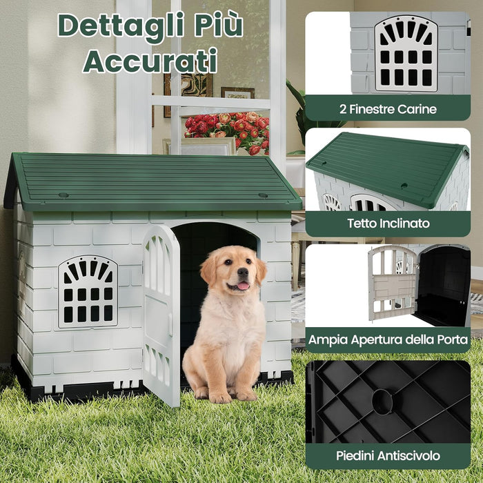 Cuccia per Cani da Esterno ed Interno, Cassetta per Cani con Porta Bloccabile, 3 Finestre e Tetto Inclinato, Cucce per Cagnolino in Plastica Impermeabile (Verde)