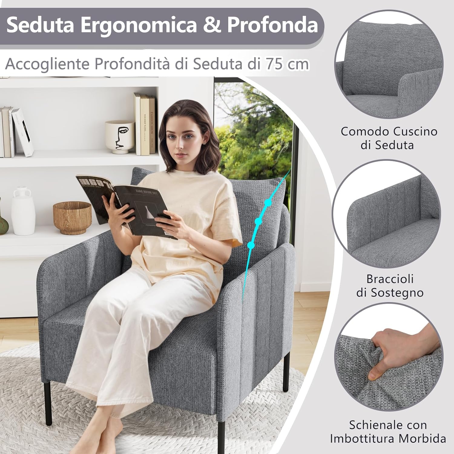 Poltrona Relax, Poltrona Singola in Chenille con Cuscino, Sedia da Soggiorno con Piedini Regolabili, Sedia Moderna per Camera da Letto, Studio, Portata 150 kg