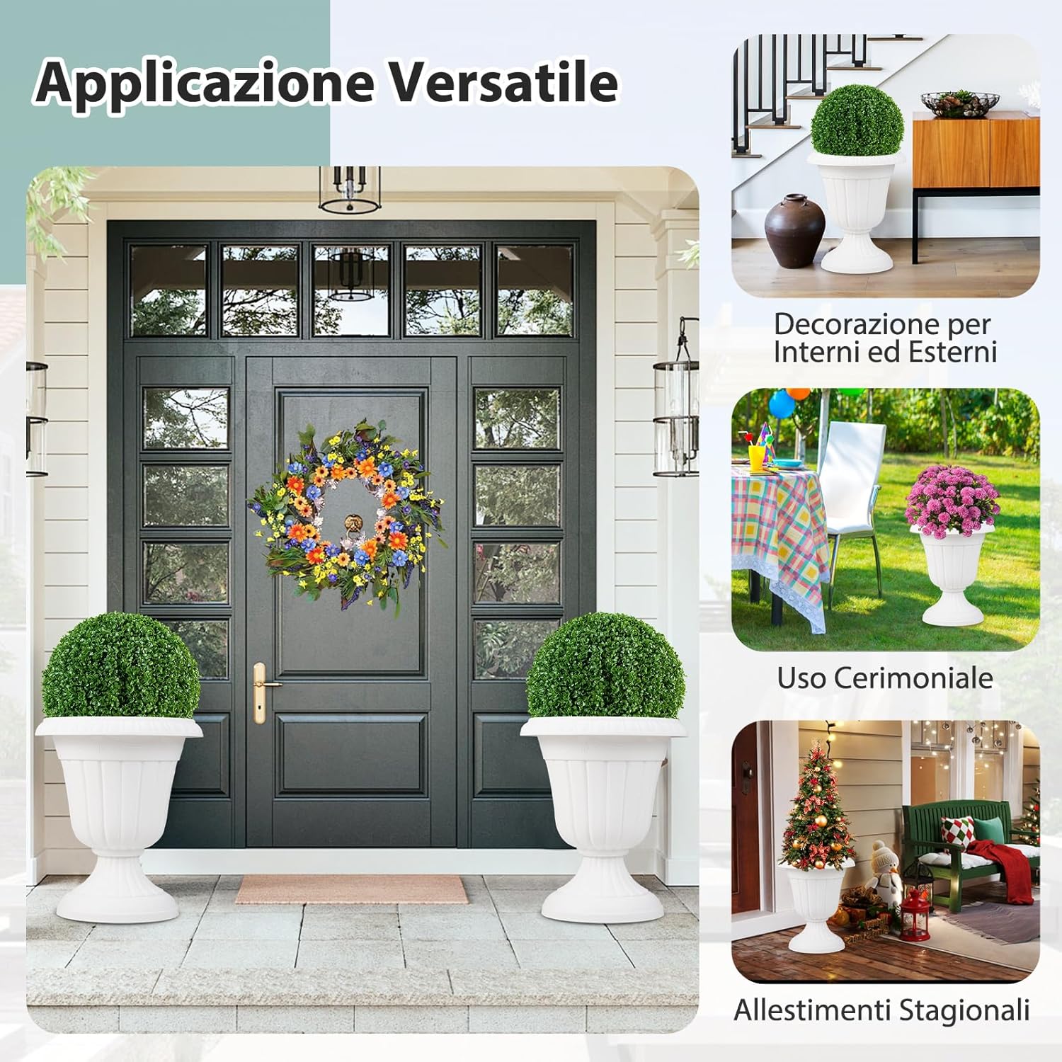 Set di 2 Vasi Alti, Vasi per Fiori in Plastica a Forma di Urna con Base a Piedistallo e Foro di Drenaggio, Contenitori Decorativi per Piante per Interni ed Esterni (Bianco)