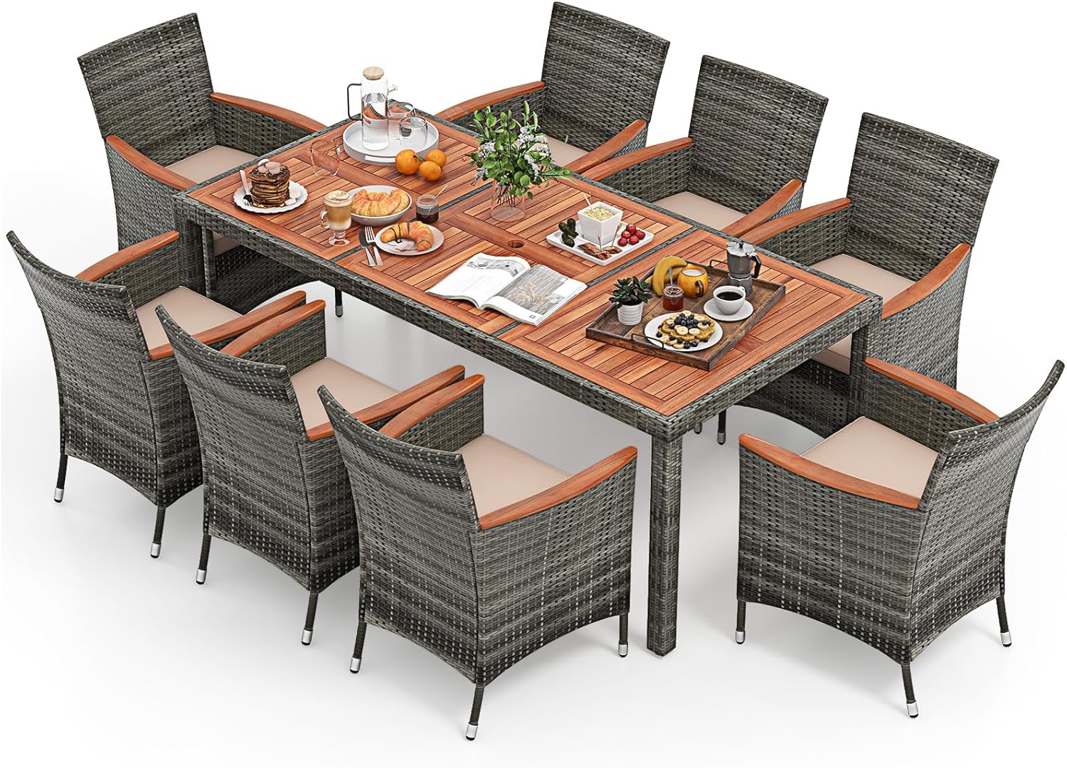 Set 9 Pezzi da Pranzo per giardino, Set di Mobili Esterno in Rattan PE, con 1 Tavolo Rettangolare e 8 Sedie con Cuscini, Ideale per Giardino Piscina e Cortile