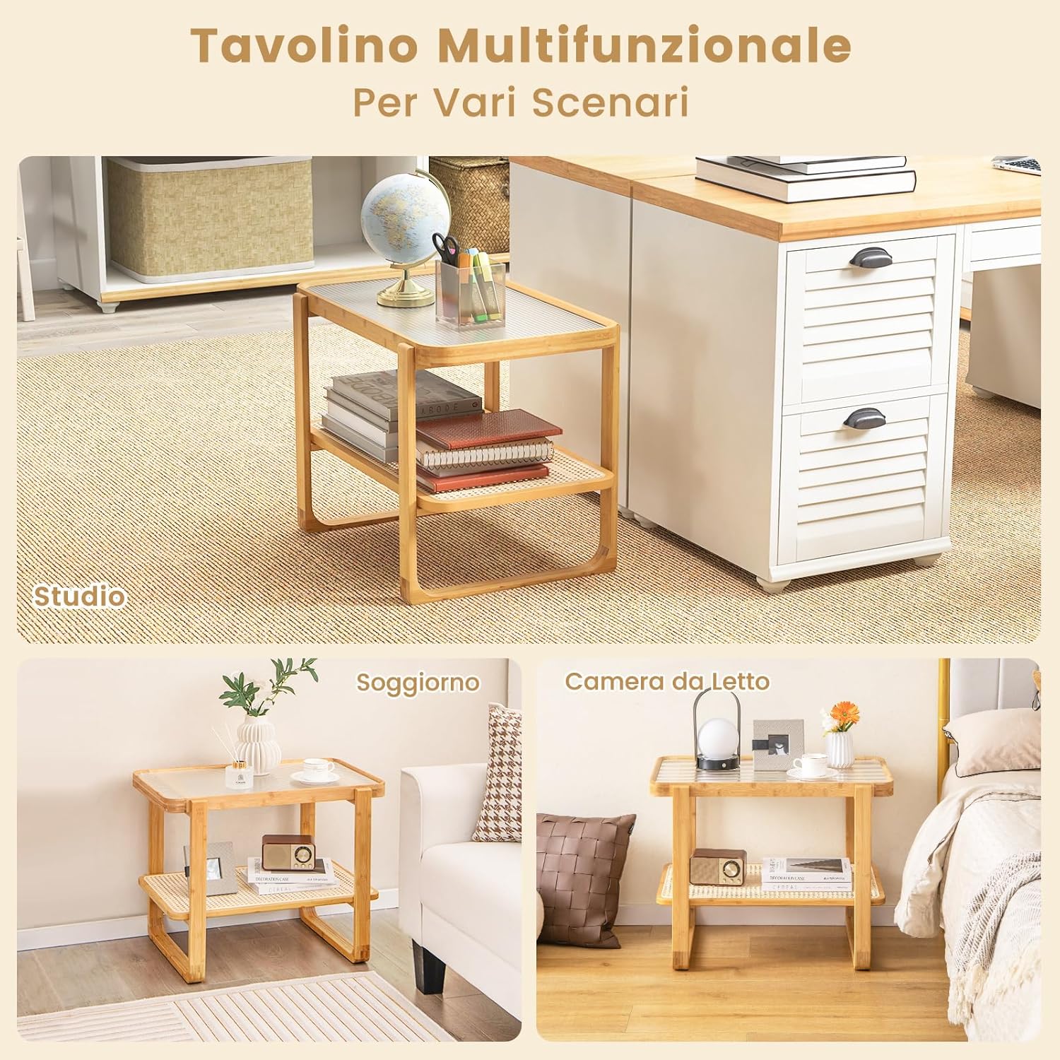 Tavolino Laterale in Bambù, Tavolino da Salotto a 2 Ripiani con Piano in Vetro e Ripiano in Rattan PE, Tavolino Basso e Multiuso per Camera da Letto e Soggiorno