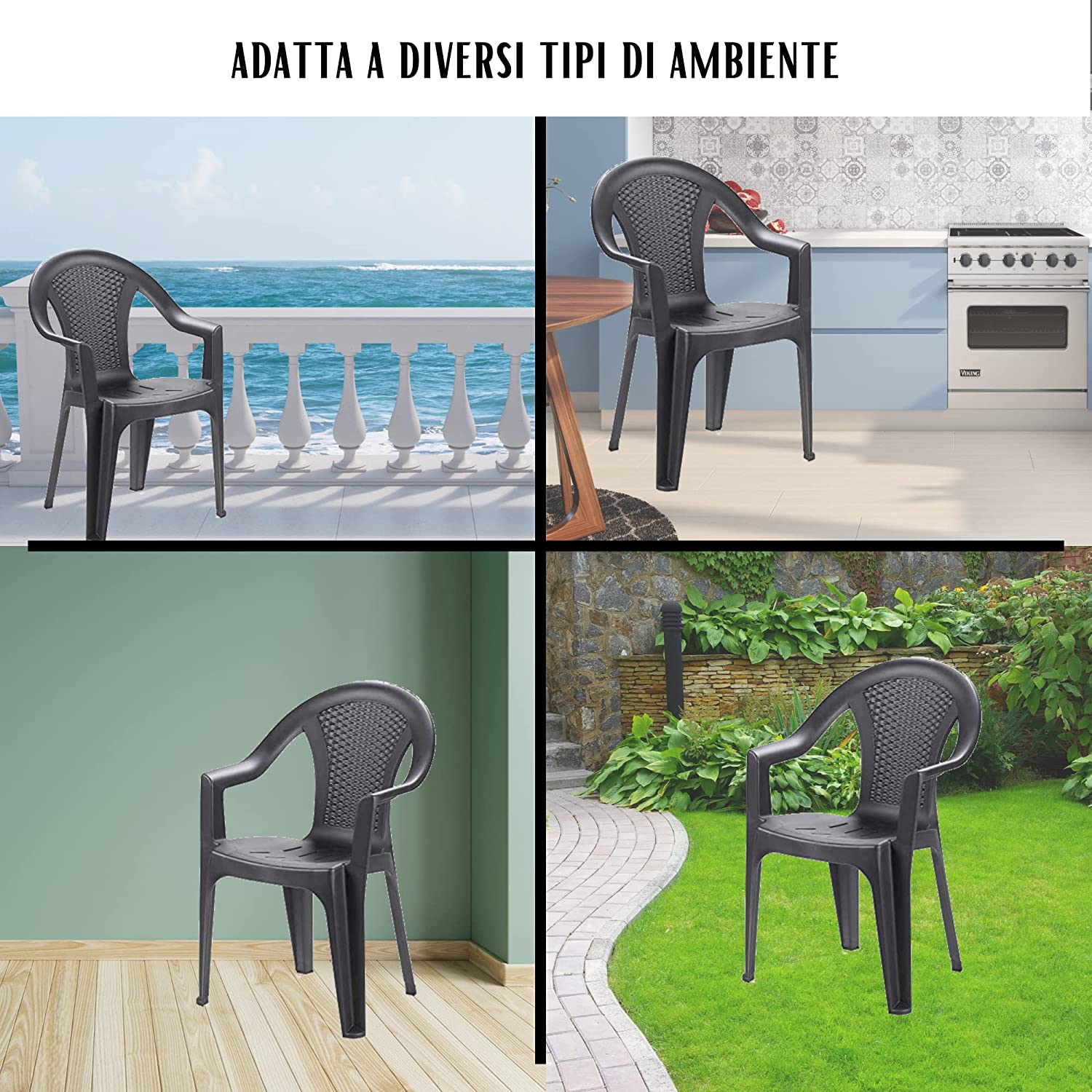 Sedia da giardino set 6 sedie in plastica effetto rattan con braccioli e impilabili colore antracite Tomaino