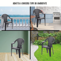 Sedia da giardino set 6 sedie in plastica effetto rattan con braccioli e impilabili colore antracite Tomaino