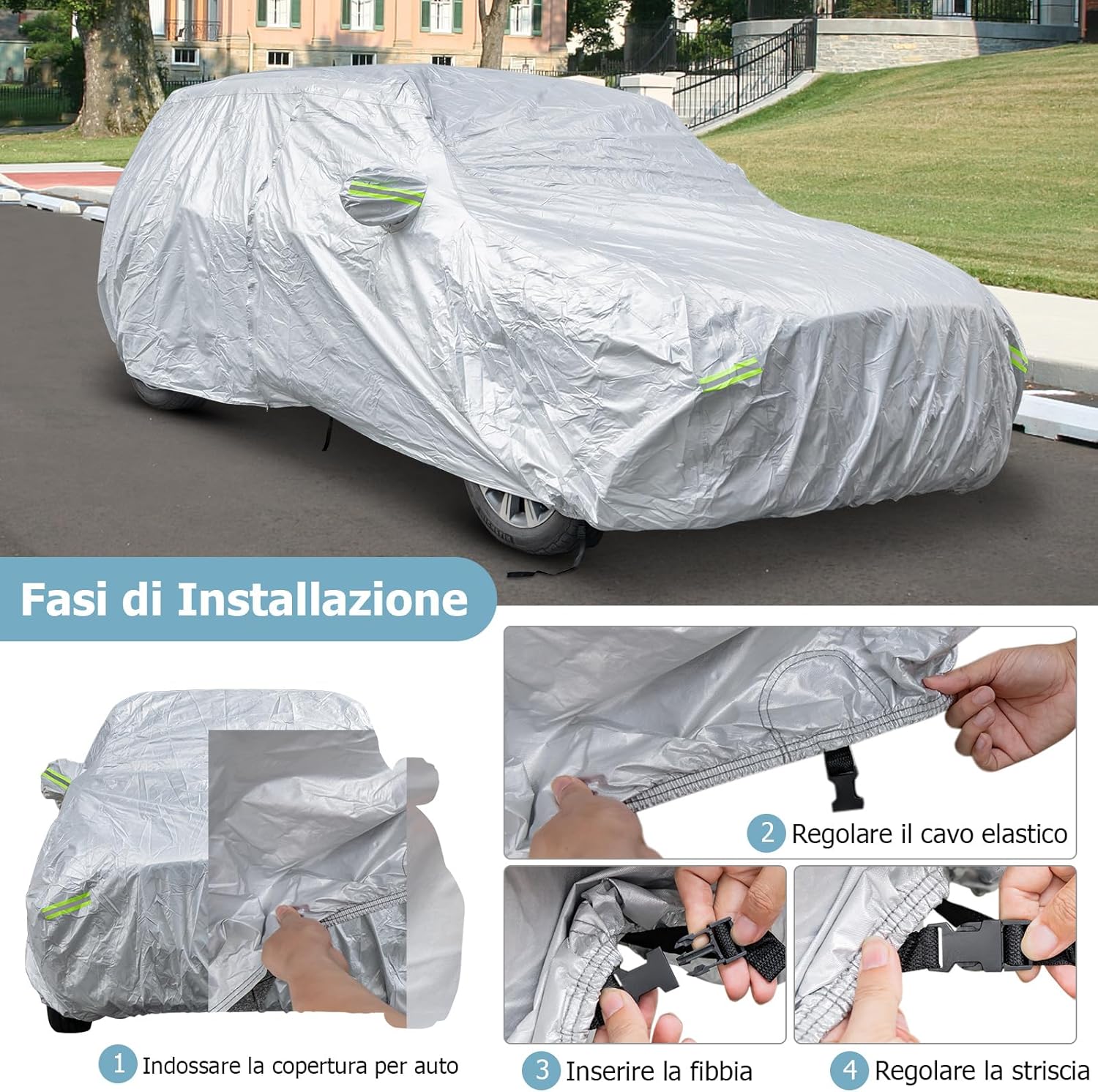 Copertura Auto con Porta a Zip, Serratura, Copertura per Auto con Strisce Riflettenti, Copertura Universale per Esterni per Auto (492 X 191 X 154 cm)