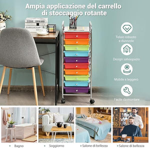 Carrello con 10 Cassetti da Stoccaggio, Cassettiera di Metallo e Plastica, Contenitore Multiuso con Ruote a Freno, per Casa e Ufficio (Arcobaleno Scuro)