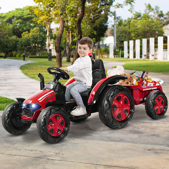 Trattore Elettrico per Bambini con Rimorchio, 2 in 1 Go Kart e Trattore per Bambini 3-8 Anni, con Telecomando e Cintura di Sicurezza a 2 Punti (Rosso)