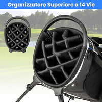 Sacca per Mazze da Golf, Borsa da Golf con Supporto, Divisori a 14 Vie, 6 Tasche, Borsa Frigo, Doppia Tracolla e Cappuccio Antipioggia, Ideale per Uomini e Donne