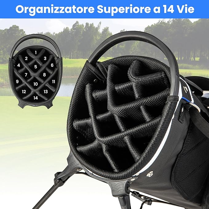 Sacca per Mazze da Golf, Borsa da Golf con Supporto, Divisori a 14 Vie, 6 Tasche, Borsa Frigo, Doppia Tracolla e Cappuccio Antipioggia, Ideale per Uomini e Donne