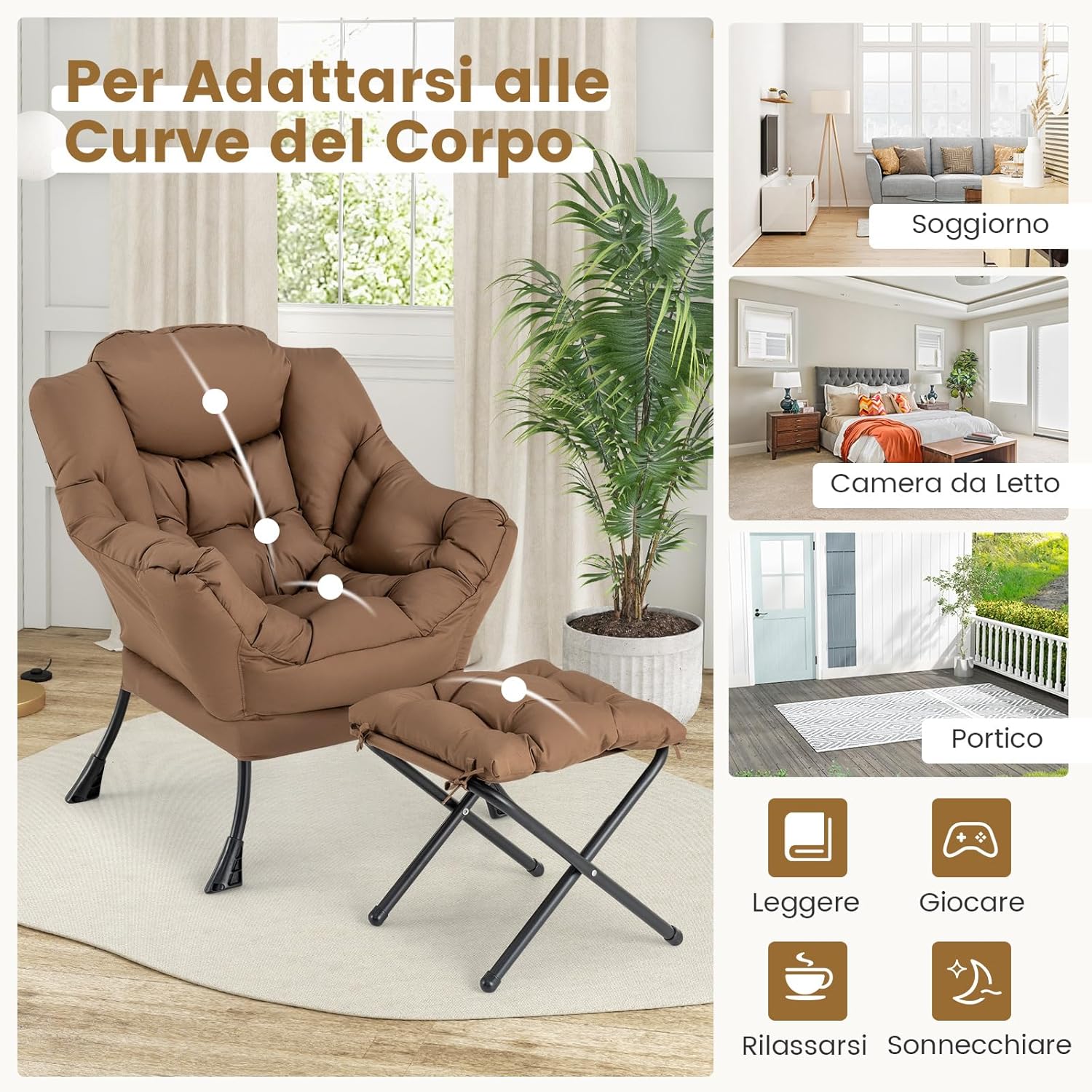 Poltrona Relax, Poltrona da Lettura con Cuscino, Elegante con Schienale e Seduta Imbottiti, Braccioli e Tasca di Stoccaggio, Portata 150 kg (Con Pouf, Marrone)