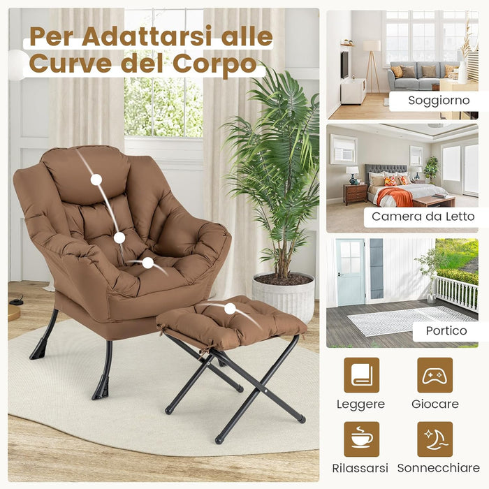 Poltrona Relax, Poltrona da Lettura con Cuscino, Elegante con Schienale e Seduta Imbottiti, Braccioli e Tasca di Stoccaggio, Portata 150 kg (Con Pouf, Marrone)