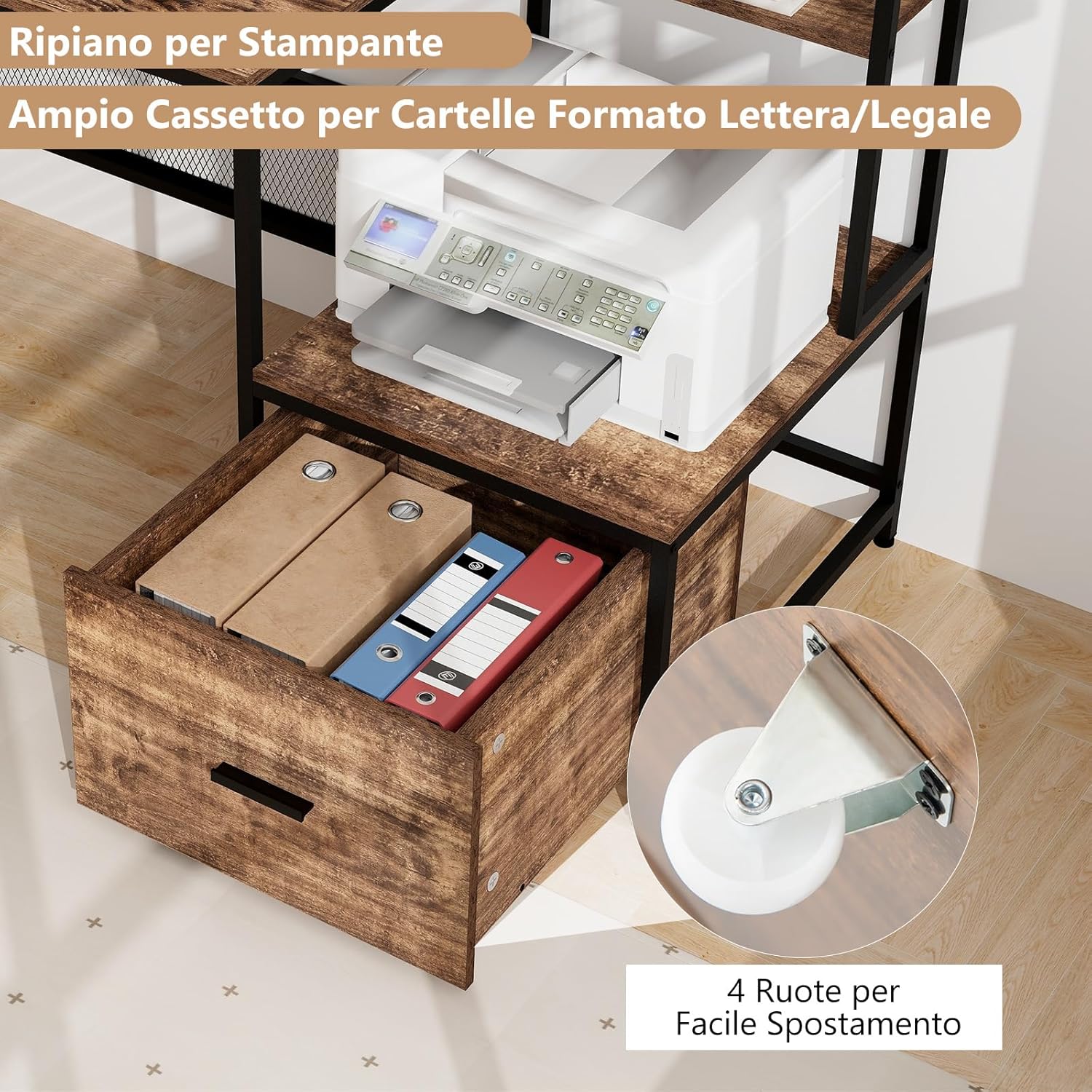 Scrivania per Computer da 170 CM, Scrivania con Supporto per Monitor e Cassetto, Prese di Corrente, Porte USB e Ripiani di Archiviazione, Scrivania per Ufficio e Casa