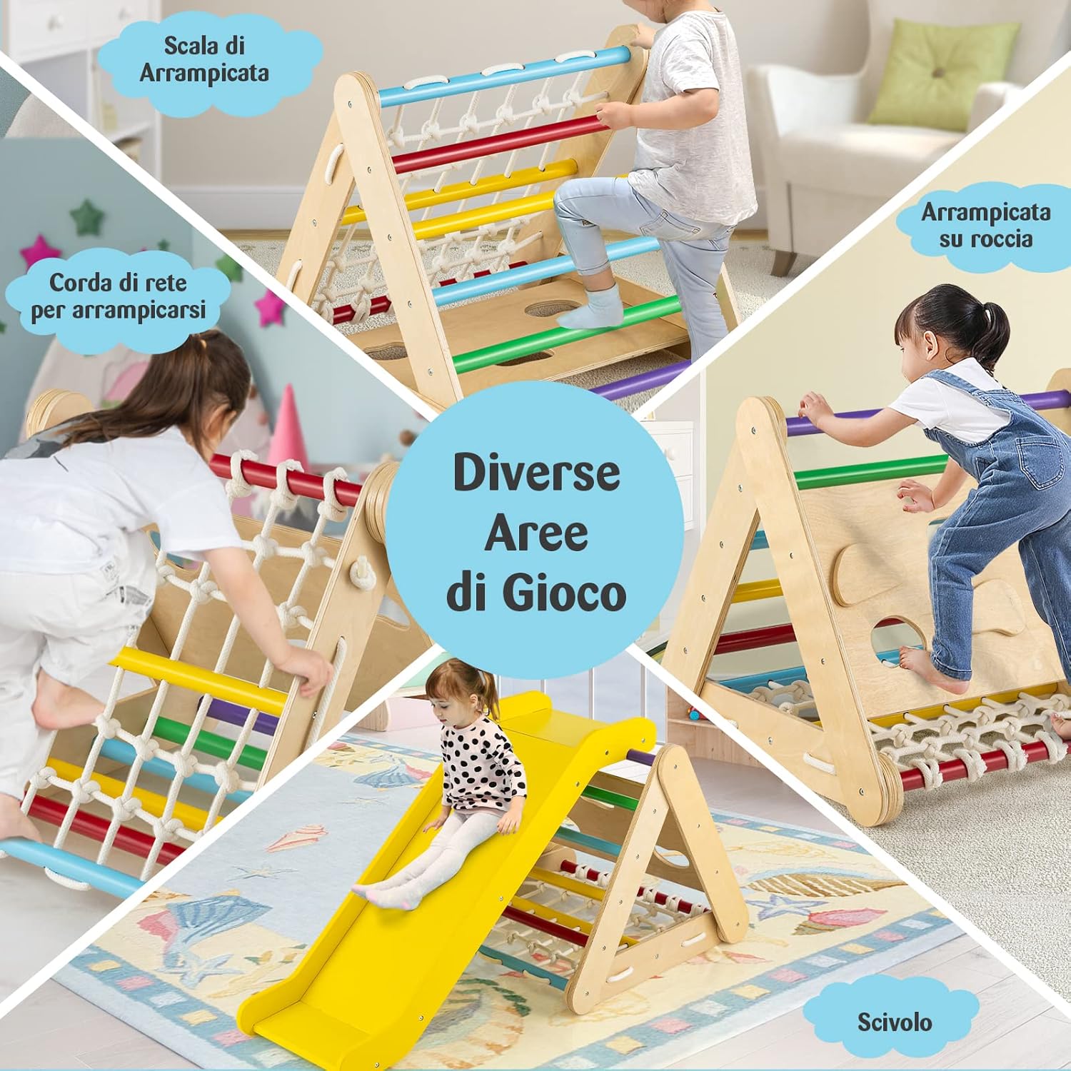 Set 4 in1 Arrampicata per Bambini, Arrampicata a Triangolo con Scivolo, Set di Arrampicata in Legno per Interni e Esterni con Rete di Arrampicata, Carico 50kg, 1 Anni+ (Colorato)