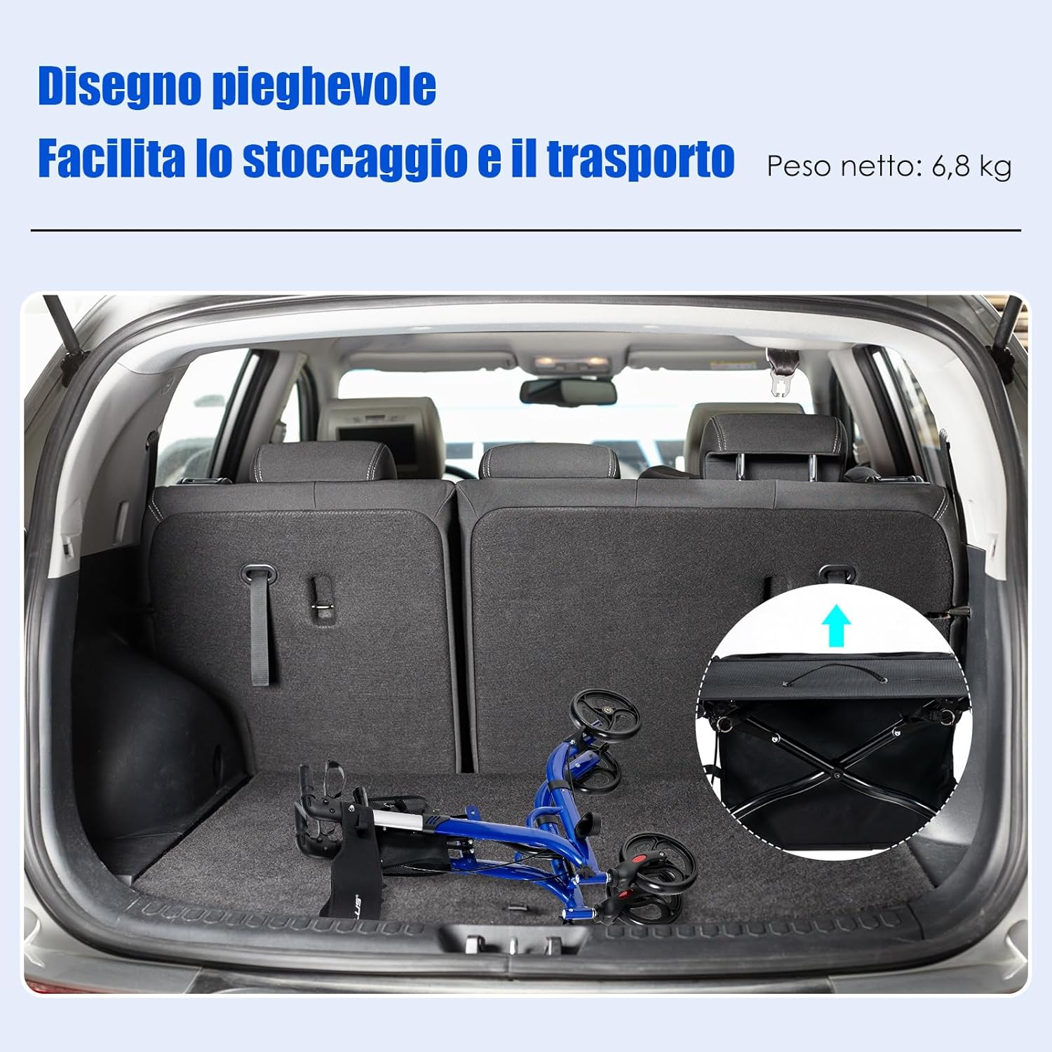 Deambulatore con Seduta 2 in 1, Rollator Pieghevole, Deambulatore per Anziani con 4 Ruote, Maniglie Regolabili Freni, con Doppia Funzione Schienale Reversibile e Borsa Portaoggetti (Blu)