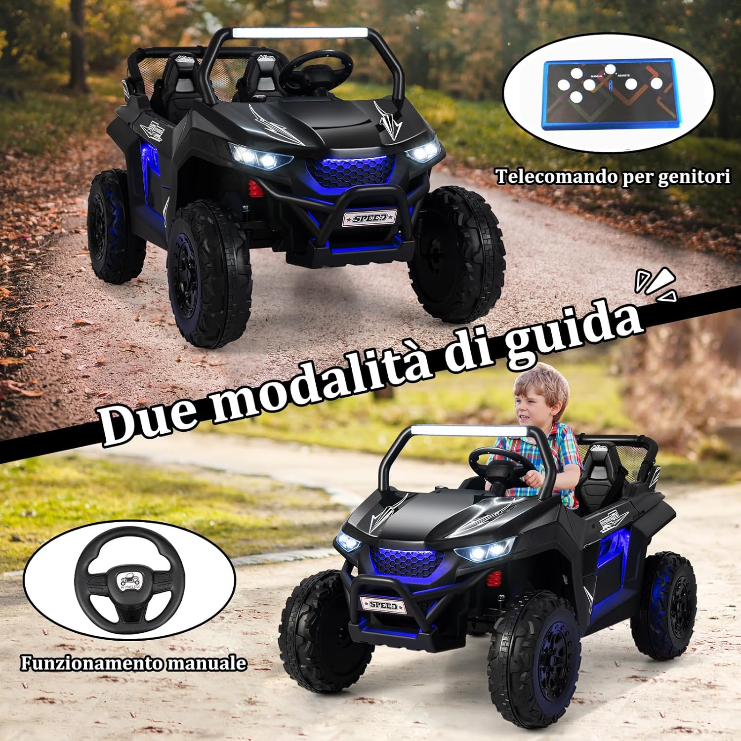 12V Auto Elettrico per Bambini, Macchina Fuoristrada a 2 Posti, Macchina Elettrica con Luci Suoni, Regalo per Bambini 3-8 Anni, 118x74x71 cm (Nero)