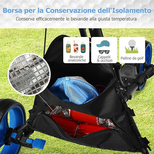 Carrello da Golf Pieghevole con 3 Ruote, Struttura in Alluminio, Cinghia Elastica, Portaombrello Regolabile e Porta Bicchiere, Segnapunti e Freno a Pedale
